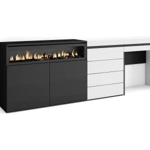 Dressoir, Opbergkast, 227x35x75cm, Voor slaapkamer, kamer, Elektrische haard, Ladekast, Commode, Kaptafel, Make-uptafel, Wit