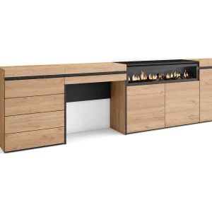 Dressoir, Opbergkast, 277x35x75cm, Voor slaapkamer, kamer, Elektrische haard, Ladekast, Commode, Kaptafel, Make-uptafel, Eiken