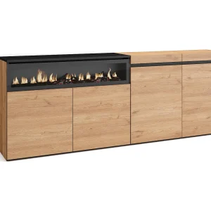 Dressoir, Opbergkast, 200x35x75cm, 4 Deuren, Elektrische haard, Eiken/Zwart
