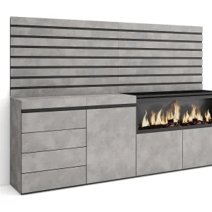 Dressoir, Opbergkast, 214x35x145cm, Voor slaapkamer, kamer, Elektrische haard XXL, Ladekast, Commode, Cement