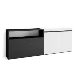 Dressoir, Opbergkast, 200x35x75cm, 4 Deuren, Woonkamer, hal, Wit en Zwart Dressoir, Opbergkast, 200x35x75cm, 4 Deuren, Woonkamer, hal, Wit en Zwart