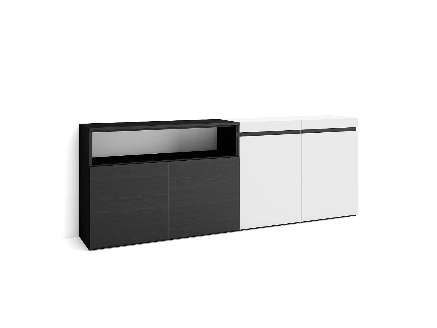 Dressoir, Opbergkast, 200x35x75cm, 4 Deuren, Woonkamer, hal, Wit en Zwart