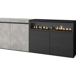 Dressoir, Opbergkast, 200x35x75cm, 4 Deuren, Elektrische haard, Cement