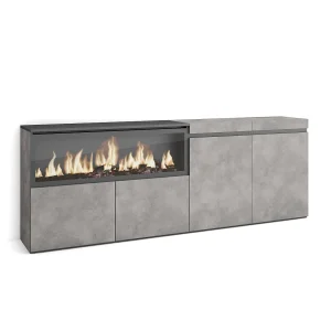 Dressoir, Opbergkast, 208x35x75cm, 4 Deuren, Elektrische haard XXL, Cement Dressoir, Opbergkast, 208x35x75cm, 4 Deuren, Elektrische haard XXL, Cement