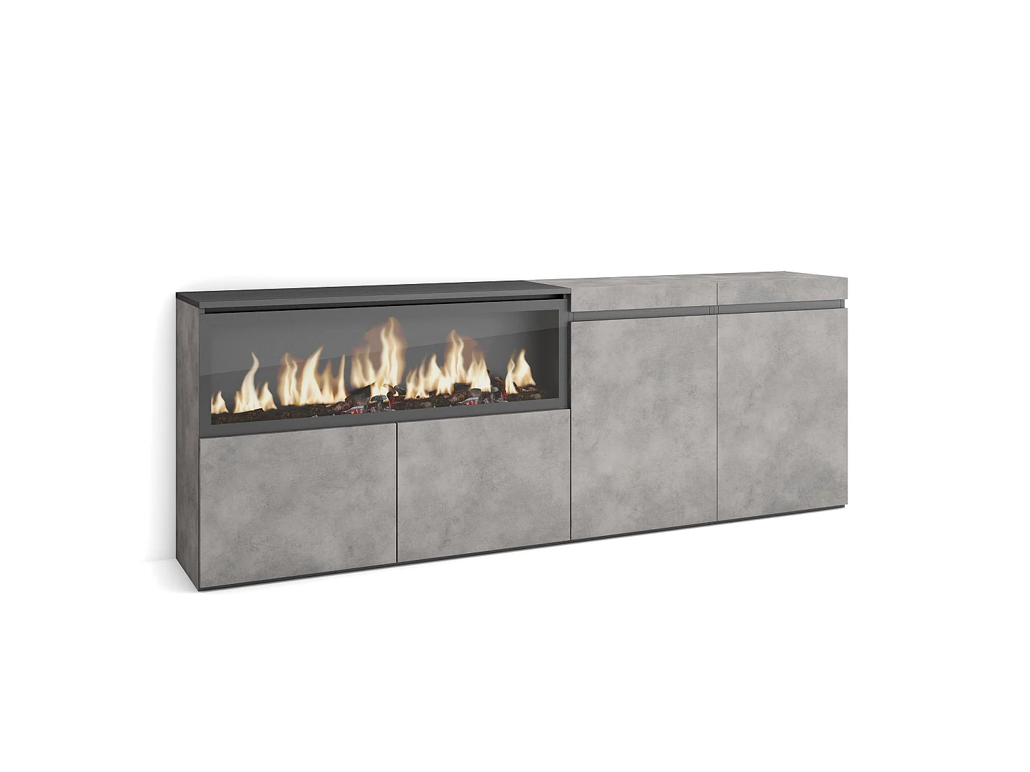 Dressoir, Opbergkast, 208x35x75cm, 4 Deuren, Elektrische haard XXL, Cement