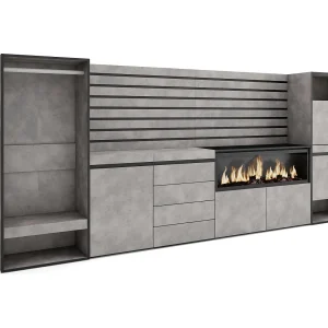 Dressoir, Opbergkast, 334x35x145cm, Voor slaapkamer, kamer, Elektrische haard XXL, Ladekast, Commode, Schoenenkast, Open Kledingkast, Cement