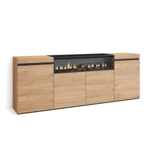 Dressoir, Opbergkast, 200x35x75cm, 4 Deuren, Elektrische haard, Eiken/Zwart