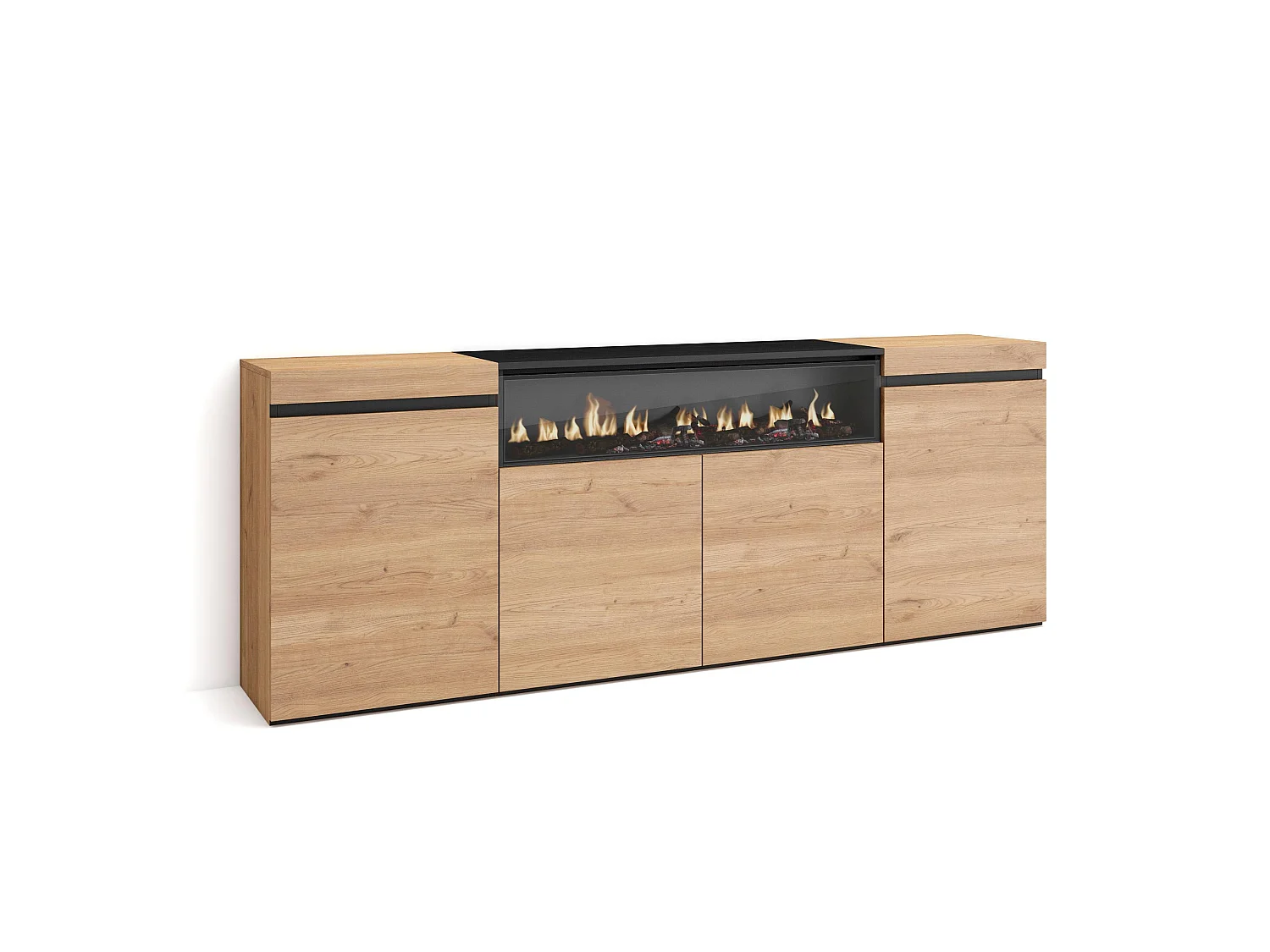 Dressoir, Opbergkast, 200x35x75cm, 4 Deuren, Elektrische haard, Eiken/Zwart
