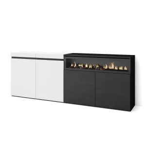 Dressoir, Opbergkast, 200x35x75cm, 4 Deuren, Elektrische haard, Wit en Zwart Dressoir, Opbergkast, 200x35x75cm, 4 Deuren, Elektrische haard, Wit en Zwart