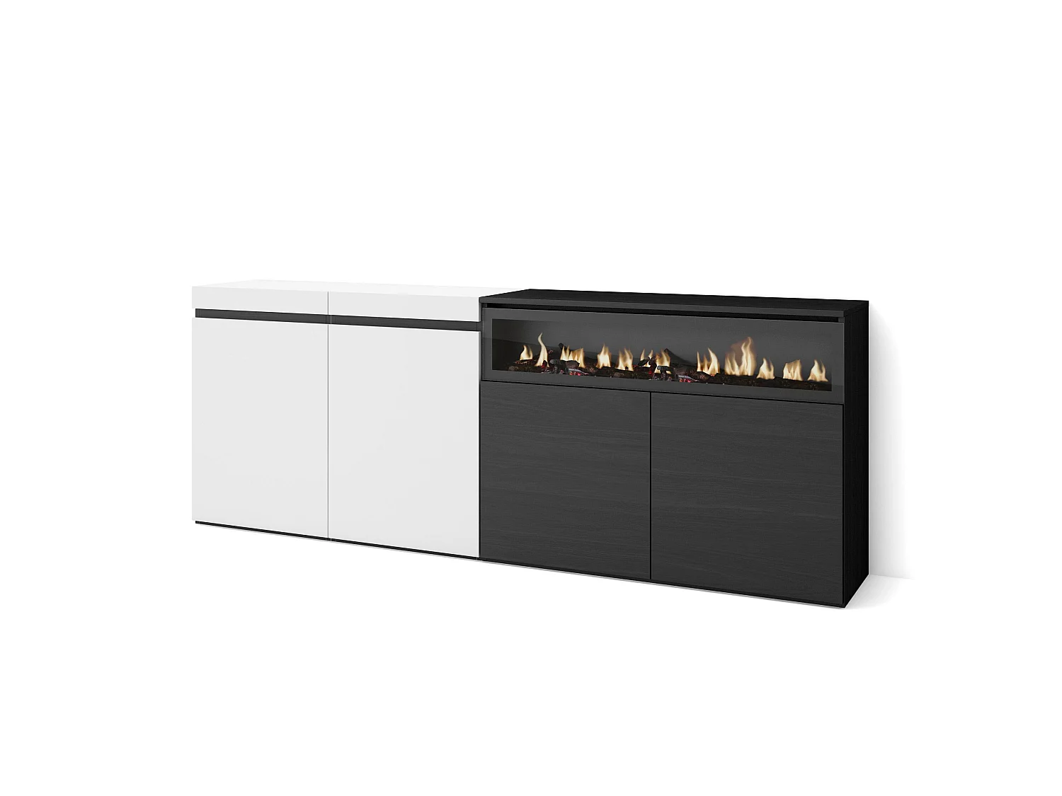 Dressoir, Opbergkast, 200x35x75cm, 4 Deuren, Elektrische haard, Wit en Zwart