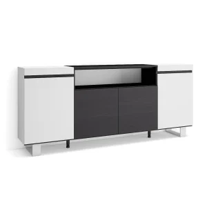 Dressoir, Opbergkast, 200x35x87cm, 4 Deuren, Industrieel design, Wit en Zwart Dressoir, Opbergkast, 200x35x87cm, 4 Deuren, Industrieel design, Wit en Zwart