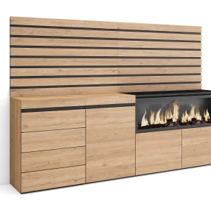 Dressoir, Opbergkast, 214x35x145cm, Voor slaapkamer, kamer, Elektrische haard XXL, Ladekast, Commode, Eiken