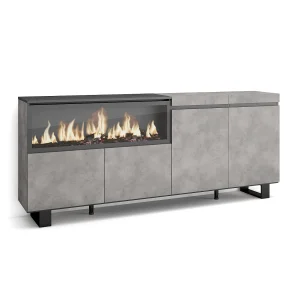 Dressoir, Opbergkast, 208x35x87cm, 4 Deuren, Elektrische haard XXL, Industrieel design, Cement Dressoir, Opbergkast, 208x35x87cm, 4 Deuren, Elektrische haard XXL, Industrieel design, Cement