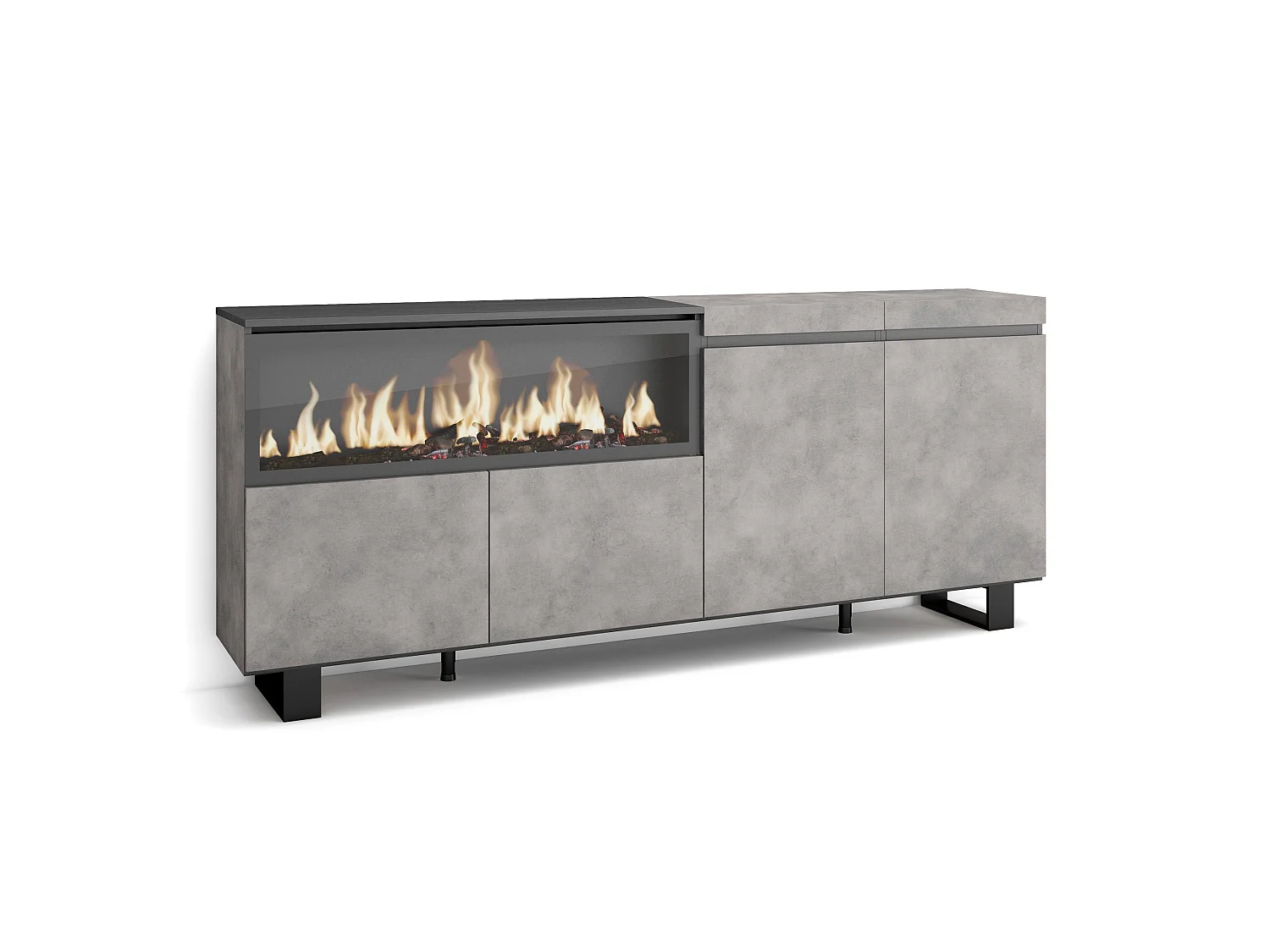Dressoir, Opbergkast, 208x35x87cm, 4 Deuren, Elektrische haard XXL, Industrieel design, Cement