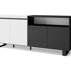 Dressoir, Opbergkast, 200x35x87cm, 4 Deuren, Industrieel design, Wit en Zwart Dressoir, Opbergkast, 200x35x87cm, 4 Deuren, Industrieel design, Wit en Zwart