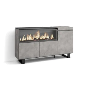 Dressoir, Opbergkast, 158x35x87cm, 3 Deuren, Elektrische haard XXL, Industrieel design, Cement