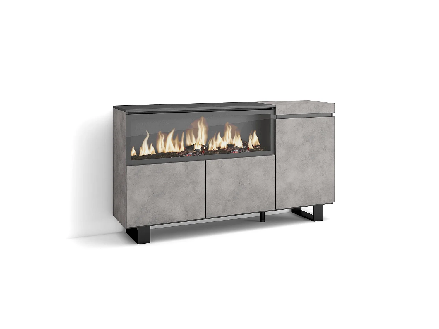 Dressoir, Opbergkast, 158x35x87cm, 3 Deuren, Elektrische haard XXL, Industrieel design, Cement