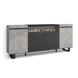 Dressoir, Opbergkast, 200x35x87cm, 4 Deuren, Elektrische haard, Industrieel design, Cement Dressoir, Opbergkast, 200x35x87cm, 4 Deuren, Elektrische haard, Industrieel design, Cement