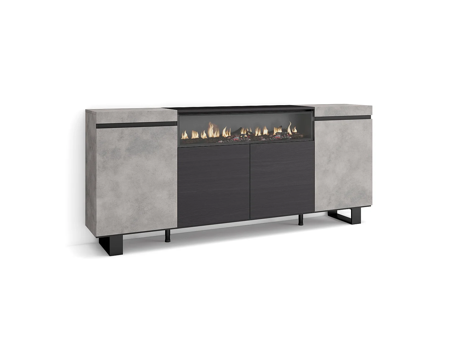 Dressoir, Opbergkast, 200x35x87cm, 4 Deuren, Elektrische haard, Industrieel design, Cement