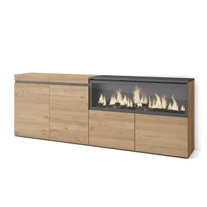 Dressoir, Opbergkast, 208x35x75cm, 4 Deuren, Elektrische haard XXL, Eiken Dressoir, Opbergkast, 208x35x75cm, 4 Deuren, Elektrische haard XXL, Eiken
