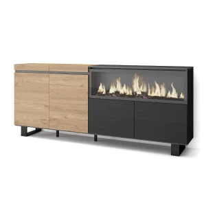 Dressoir, Opbergkast, 208x35x87cm, 4 Deuren, Elektrische haard XXL, Industrieel design, Eiken/Zwart Dressoir, Opbergkast, 208x35x87cm, 4 Deuren, Elektrische haard XXL, Industrieel design, Eiken/Zwart
