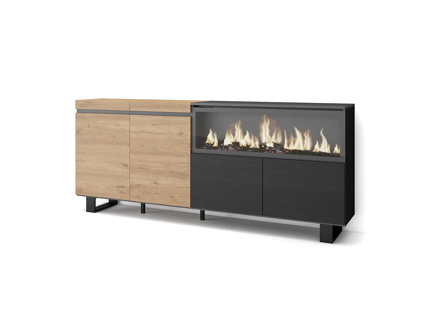Dressoir, Opbergkast, 208x35x87cm, 4 Deuren, Elektrische haard XXL, Industrieel design, Eiken/Zwart