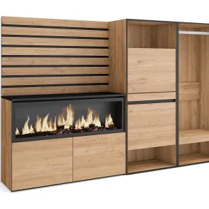 Dressoir, Opbergkast, 227x35x145cm, Voor slaapkamer, kamer, Elektrische haard XXL, Schoenenkast, Open Kledingkast, Eiken