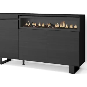 Dressoir, Opbergkast, 150x35x87cm, 3 Deuren, Elektrische haard, Industrieel design, Zwart