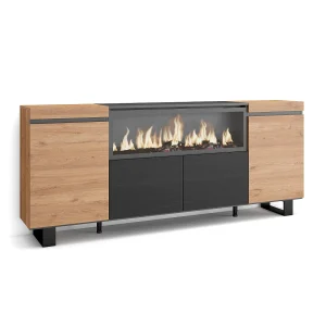 Dressoir, Opbergkast, 208x35x87cm, 4 Deuren, Elektrische haard XXL, Industrieel design, Eiken/Zwart Dressoir, Opbergkast, 208x35x87cm, 4 Deuren, Elektrische haard XXL, Industrieel design, Eiken/Zwart