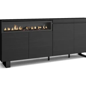 Dressoir, Opbergkast, 200x35x87cm, 4 Deuren, Elektrische haard, Industrieel design, Zwart Dressoir, Opbergkast, 200x35x87cm, 4 Deuren, Elektrische haard, Industrieel design, Zwart