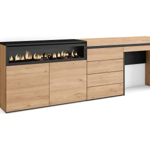 Dressoir, Opbergkast, 227x35x75cm, Voor slaapkamer, kamer, Elektrische haard, Ladekast, Commode, Kaptafel, Make-uptafel, Eiken