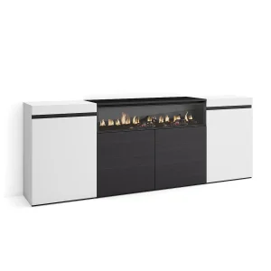 Dressoir, Opbergkast, 200x35x75cm, 4 Deuren, Elektrische haard, Wit en Zwart Dressoir, Opbergkast, 200x35x75cm, 4 Deuren, Elektrische haard, Wit en Zwart