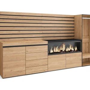 Dressoir, Opbergkast, 274x35x145cm, Voor slaapkamer, kamer, Elektrische haard XXL, Ladekast, Commode, Open Kledingkast, Eiken