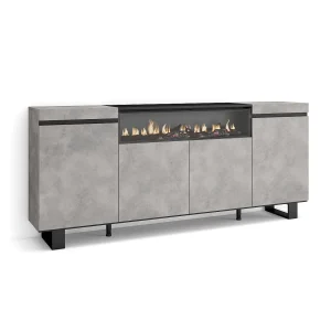 Dressoir, Opbergkast, 200x35x87cm, 4 Deuren, Elektrische haard, Industrieel design, Cement Dressoir, Opbergkast, 200x35x87cm, 4 Deuren, Elektrische haard, Industrieel design, Cement