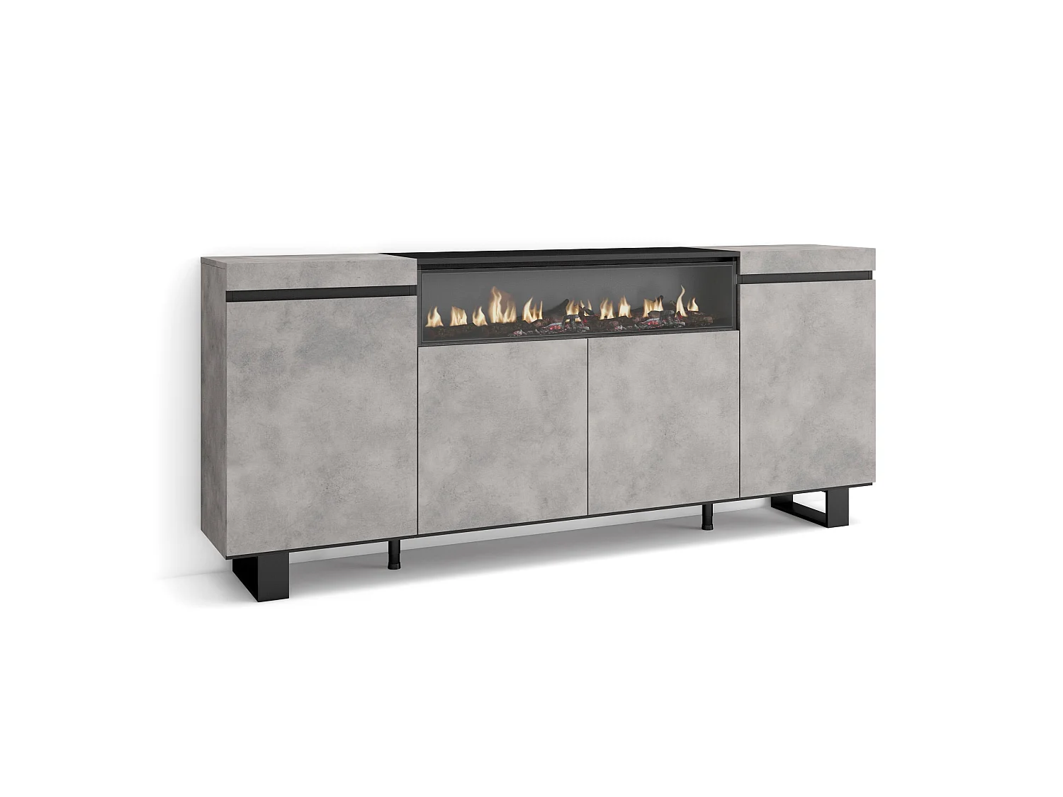 Dressoir, Opbergkast, 200x35x87cm, 4 Deuren, Elektrische haard, Industrieel design, Cement
