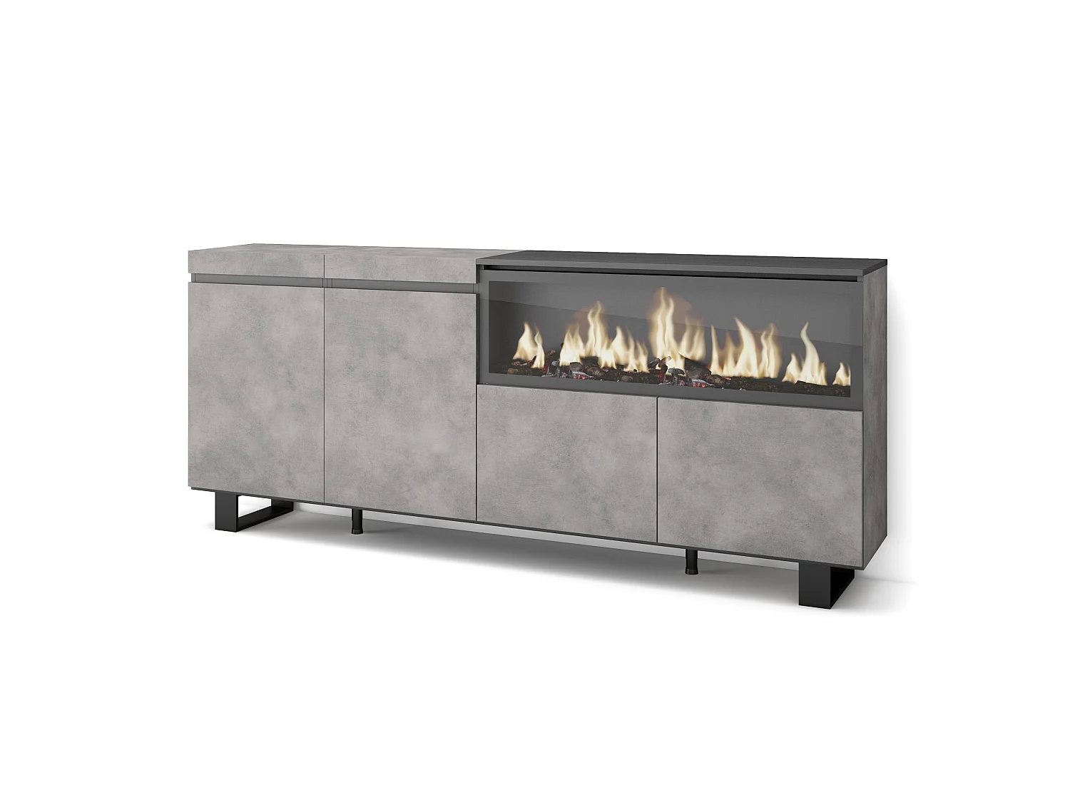 Dressoir, Opbergkast, 208x35x87cm, 4 Deuren, Elektrische haard XXL, Industrieel design, Cement