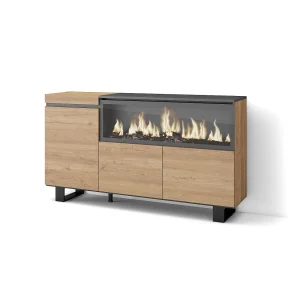 Dressoir, Opbergkast, 158x35x87cm, 3 Deuren, Elektrische haard XXL, Industrieel design, Eiken