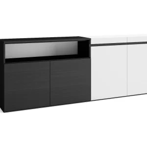 Dressoir, Opbergkast, 200x35x75cm, 4 Deuren, Woonkamer, hal, Wit en Zwart Dressoir, Opbergkast, 200x35x75cm, 4 Deuren, Woonkamer, hal, Wit en Zwart
