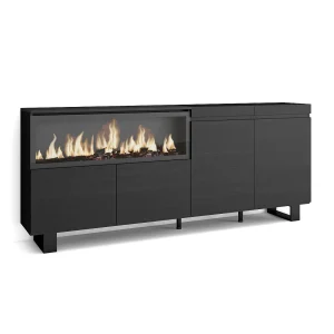 Dressoir, Opbergkast, 208x35x87cm, 4 Deuren, Elektrische haard XXL, Industrieel design, Zwart Dressoir, Opbergkast, 208x35x87cm, 4 Deuren, Elektrische haard XXL, Industrieel design, Zwart