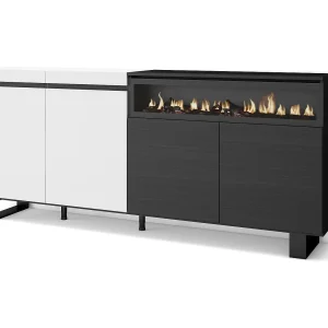 Dressoir, Opbergkast, 200x35x87cm, 4 Deuren, Elektrische haard, Industrieel design, Wit en Zwart Dressoir, Opbergkast, 200x35x87cm, 4 Deuren, Elektrische haard, Industrieel design, Wit en Zwart