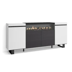 Dressoir, Opbergkast, 200x35x87cm, 4 Deuren, Elektrische haard, Industrieel design, Wit en Zwart Dressoir, Opbergkast, 200x35x87cm, 4 Deuren, Elektrische haard, Industrieel design, Wit en Zwart