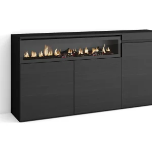 Dressoir, Opbergkast, 150x35x75cm, 3 Deuren, Elektrische haard, Zwart