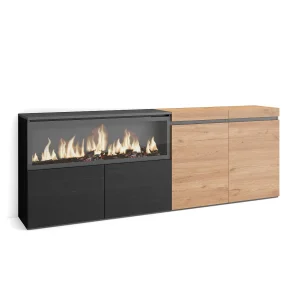 Dressoir, Opbergkast, 208x35x75cm, 4 Deuren, Elektrische haard XXL, Eiken/Zwart Dressoir, Opbergkast, 208x35x75cm, 4 Deuren, Elektrische haard XXL, Eiken/Zwart