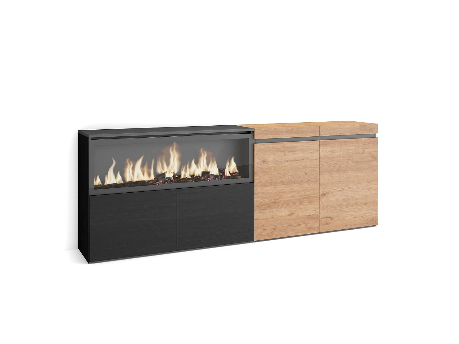 Dressoir, Opbergkast, 208x35x75cm, 4 Deuren, Elektrische haard XXL, Eiken/Zwart
