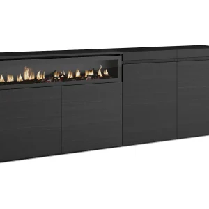 Dressoir, Opbergkast, 200x35x75cm, 4 Deuren, Elektrische haard, Zwart Dressoir, Opbergkast, 200x35x75cm, 4 Deuren, Elektrische haard, Zwart