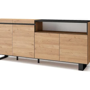 Dressoir, Opbergkast, 200x35x87cm, 4 Deuren, Industrieel design, Eiken/Zwart Dressoir, Opbergkast, 200x35x87cm, 4 Deuren, Industrieel design, Eiken/Zwart