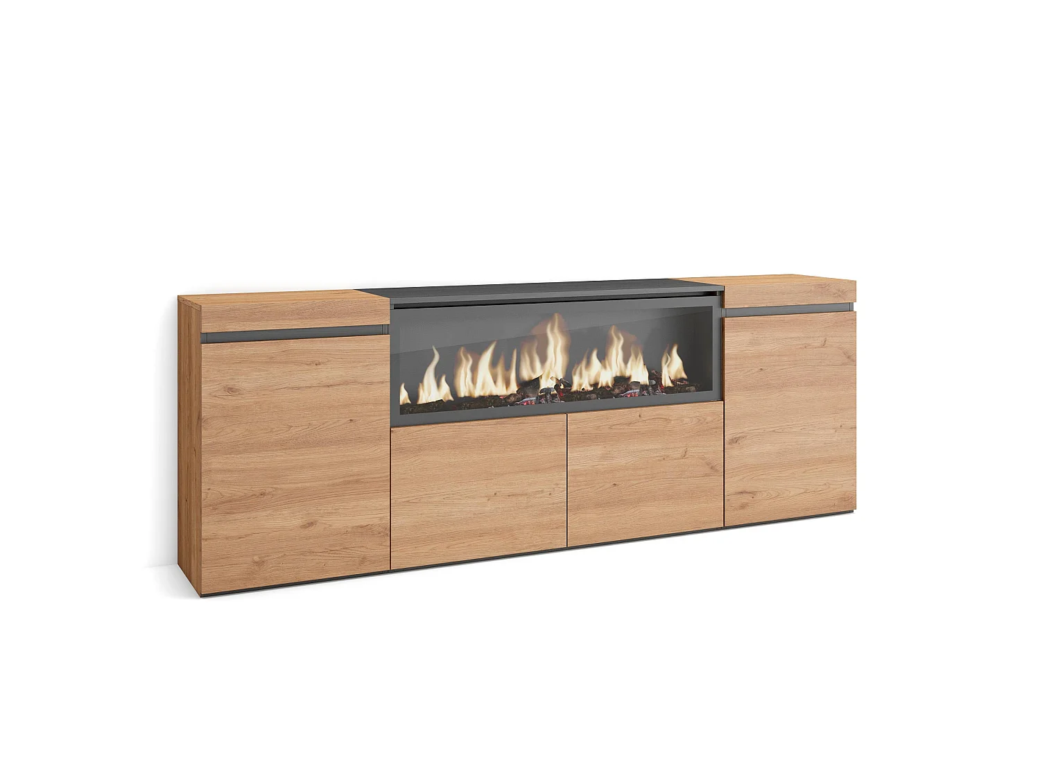 Dressoir, Opbergkast, 208x35x75cm, 4 Deuren, Elektrische haard XXL, Eiken