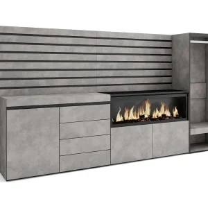 Dressoir, Opbergkast, 274x35x145cm, Voor slaapkamer, kamer, Elektrische haard XXL, Ladekast, Commode, Open Kledingkast, Cement