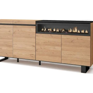 Dressoir, Opbergkast, 200x35x87cm, 4 Deuren, Elektrische haard, Industrieel design, Eiken/Zwart Dressoir, Opbergkast, 200x35x87cm, 4 Deuren, Elektrische haard, Industrieel design, Eiken/Zwart