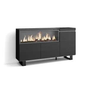 Dressoir, Opbergkast, 158x35x87cm, 3 Deuren, Elektrische haard XXL, Industrieel design, Zwart